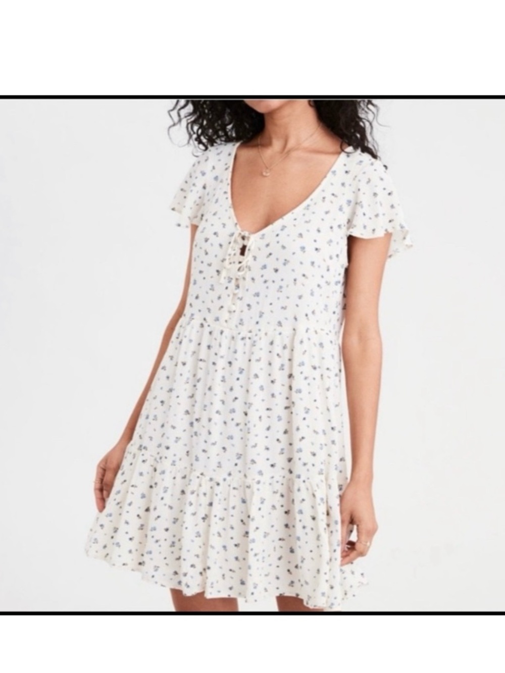 American Eagle Outfitters Cream and Blue Patterned Mini Dress